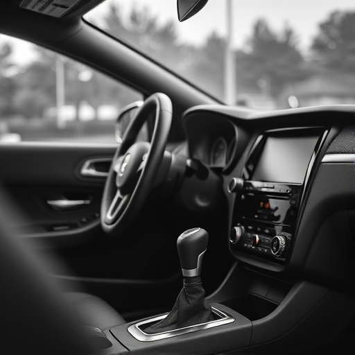 Regenerate an image of a car interior focusing on the gear shift and dashboard, using a DSLR camera with a 50mm lens, aperture set to f/1.8, ISO 200, shutter speed 1/125, shot from a close-up angle to emphasize details, in high-contrast black and white.