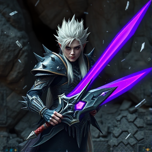 Create an image of a fantasy character with spiky white hair and a fierce expression, wearing dark armor adorned with spikes, holding a glowing purple weapon, standing in a dramatic rocky environment with shards flying around, using a DSLR camera with a 50mm lens, aperture f/1.8, ISO 100, and low-angle shot to enhance details and color vibrancy.