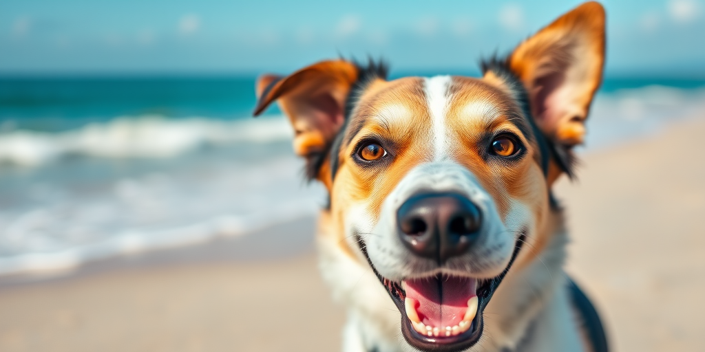 Capture a close-up of a happy dog on the beach with the ocean in the background, shallow depth of field, ISO 100, aperture f/2.8, shutter speed 1/500s, use a DSLR camera, portrait mode, natural lighting.