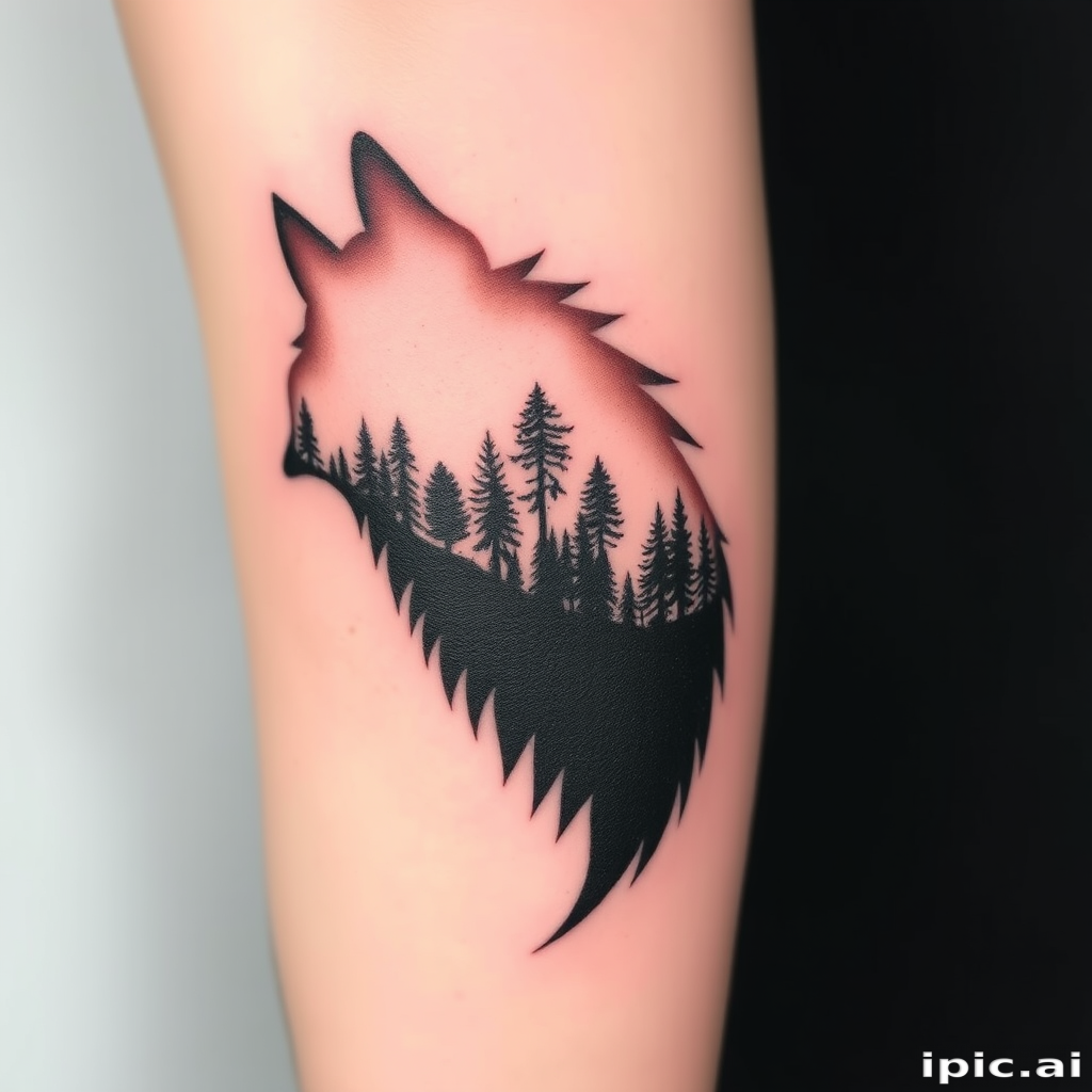 Intricate Wolf Silhouette Tattoo with Forest Scene on Arm Design