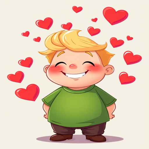 Create a cartoon-style illustration of a happy, chubby character with blonde hair and a green shirt, smiling and surrounded by floating red hearts, using a digital illustration technique, 300 DPI resolution, shot from a frontal view with vibrant colors and soft shading.