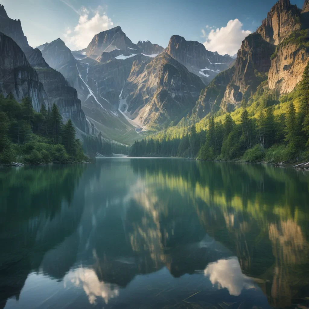 Tranquil Mountain Landscape with Crystal Clear Lake and Lush Green Forest