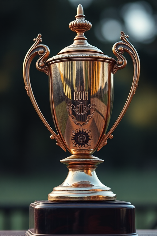 Generate a high-resolution image of a trophy, using a DSLR camera with an aperture of f/2.8, ISO 100, and a shutter speed of 1/125s, from a slightly elevated angle with soft natural lighting, focusing on the trophy's details and texture.