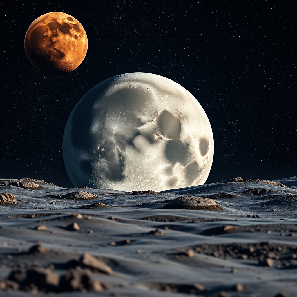 Create a high-resolution image of a lunar landscape featuring a large detailed moon in the foreground and a smaller red planet in the background against a starry space backdrop, using a DSLR camera with a 50mm lens at f/2.8, ISO 100, and a shutter speed of 1/125 seconds for sharp focus and vivid colors.