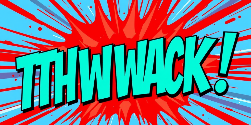 Create a vibrant comic-style graphic featuring the word "THWACK!" in bold teal letters against a bright red and blue explosion background, captured using a DSLR camera with ISO 100, aperture f/8, and a 50mm lens for sharp focus and rich colors.