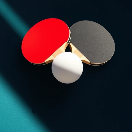 Create a high-resolution digital illustration of two table tennis paddles, one red and one black, crossing each other above a white ping pong ball, using a DSLR camera with a 50mm lens, f/2.8 aperture, ISO 100, and natural lighting to enhance colors and shadows.