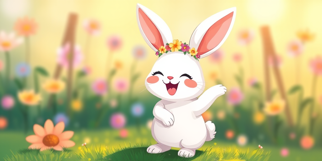 Create a high-resolution illustration of a cute white bunny with a flower crown, smiling and dancing, in a bright and colorful style, using a digital art medium, with a 50mm lens perspective, f/2.8 aperture for soft background blur, and vibrant color grading for enhanced visual appeal.