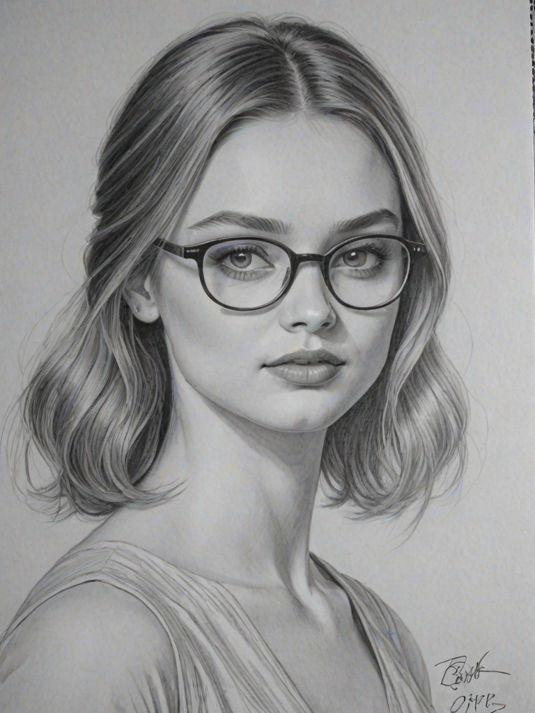 Stunning Bella Heathcote, pencil sketch, portrait of Appealing woman 1968s in glasses, hair style beatnik, outline, clear lines, fine lines, 8k