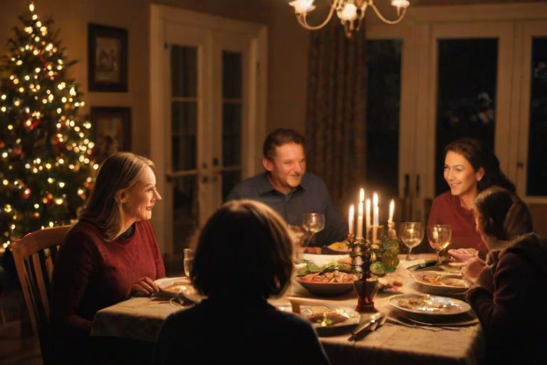 Warm, intimate photo of a family gathered around a dining table for a holiday meal, soft glow from candlelight casting warm shadows on their faces, the smell of roasted food filling the air, laughter and conversation frozen in the moment.