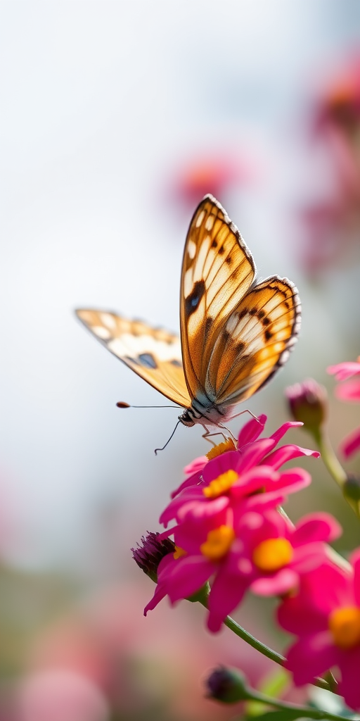 Capture a close-up shot of a butterfly perched on vibrant flowers with a shallow depth of field, using a DSLR camera set to f/2.8 aperture, ISO 100, and a shutter speed of 1/500s in natural light at an angle to highlight the butterfly's wings against a blurred background.