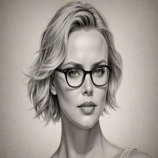 Delightful Charlize Theron, pencil sketch, portrait of Enchanting woman 1932s in glasses, hair style beatnik, outline, clear lines, fine lines, 8k
