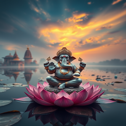 Generate an image of a serene Ganesh statue sitting on a lotus flower in a mystical lake with ornate temples in the background during sunset, captured with a Canon EOS R6, 50mm lens, f/1.8 aperture, ISO 100, HDR style, high dynamic range.
