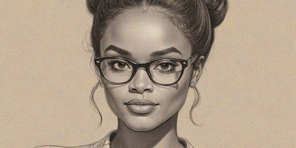 Comely Sierra McClain, pencil sketch, portrait of Alluring woman 1960s in glasses, hair style beatnik, outline, clear lines, fine lines, 8k