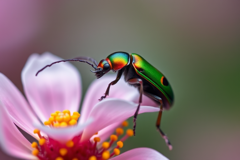 Macro shot of a beetle perched on delicate flower petals, vibrant colors with a soft focus background, using a DSLR camera with a 100mm f/2.8 macro lens, aperture set to f/4, ISO 200, shutter speed 1/200s, shot from a slight angle to capture depth and details.