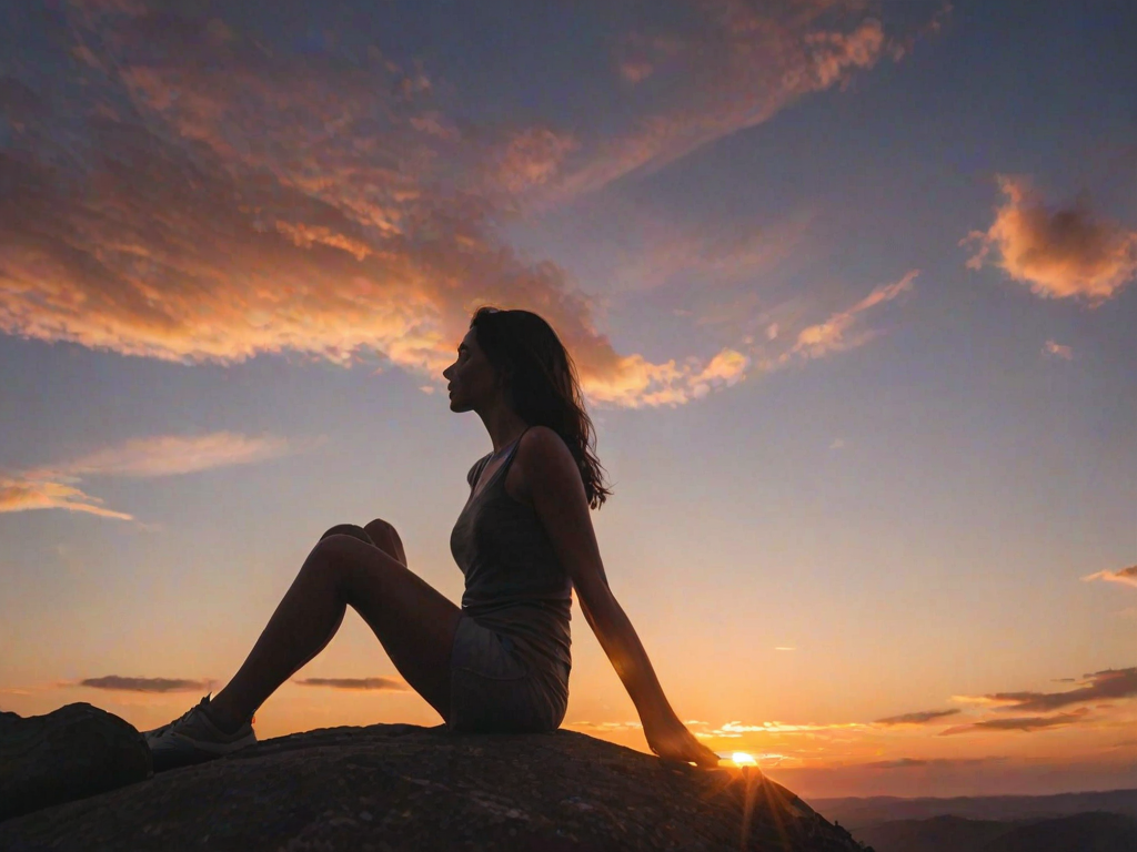 Warmly lit photo of a woman enjoying a sunset while sitting on a rocky outcrop, her silhouette against the vibrant sky, with a peaceful expression as she takes in the moment.