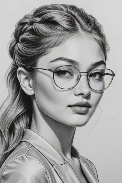 Radiant Gigi Hadid, pencil sketch, portrait of Gorgeous woman 1960s in glasses, hair style beatnik, outline, clear lines, fine lines, 8k