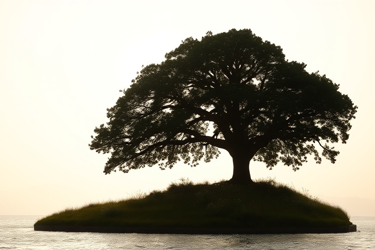 A silhouette of a large tree on a small island with grass and flowers around it, captured in high resolution with a DSLR camera, aperture f/2.8, ISO 100, 50mm lens, soft diffused lighting for a serene atmosphere.