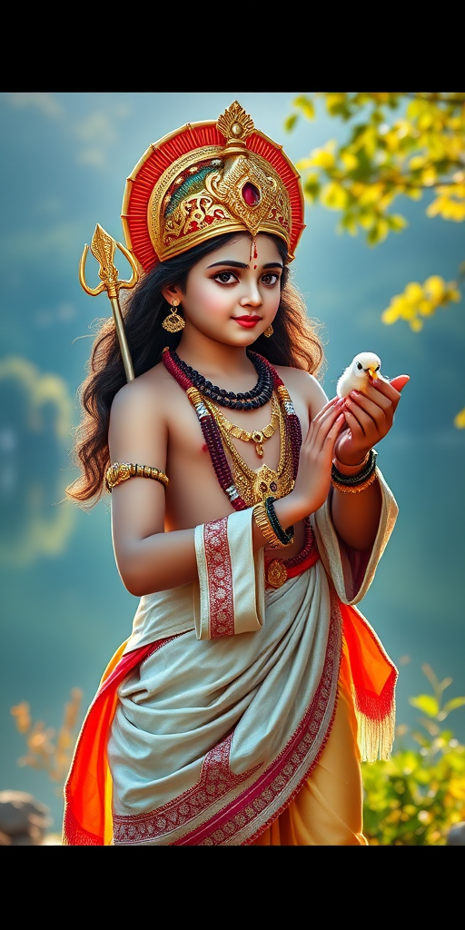 Generate a vibrant and detailed image of a young divine figure resembling a god holding a small bird in the morning light by a serene lake, with lush scenery and ornate attire, using a DSLR camera, 50mm lens, f/1.8 aperture, ISO 100, soft focus background, and vibrant color settings.
