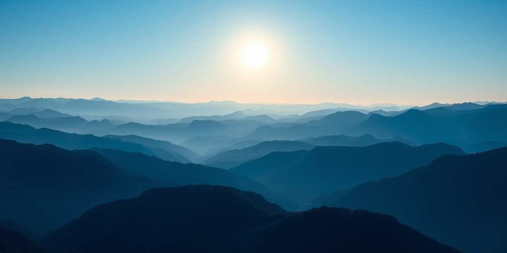 generate a serene landscape with layered mountains in shades of blue under a white sun, using a DSLR camera with a 50mm lens, aperture f/8, ISO 100, capturing a wide-angle view in soft focus for enhanced image quality