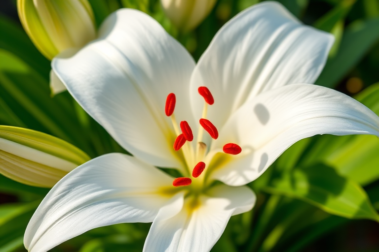 Create a high-resolution, close-up image of a white lily flower with vivid red stamens and lush green leaves, using a DSLR camera at f/2.8 aperture, ISO 100, and a 50mm lens, shot in natural light for enhanced detail and vibrancy.