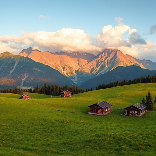 regenerate a high-resolution image of a tranquil mountain landscape with lush green meadows, traditional wooden cabins scattered, dramatic cloud formations above towering peaks, taken with a Canon EOS R5, 24mm f/1.4 lens, aperture f/8, ISO 100, shot during golden hour for enhanced lighting and colors, panoramic view capturing the vastness of the scene.