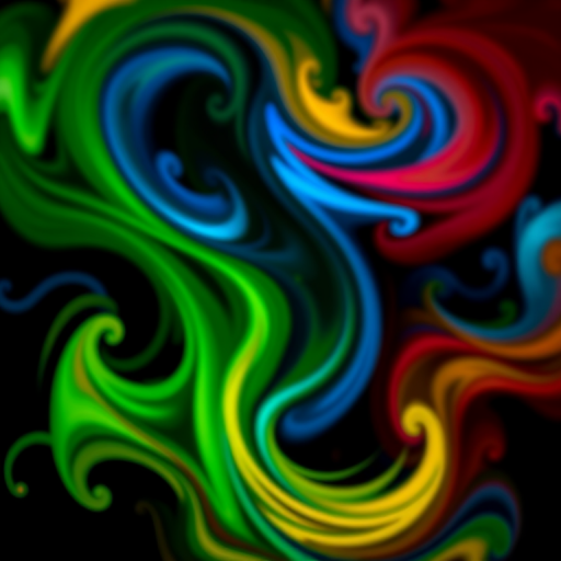 vibrant abstract pattern with swirling colors in green, blue, red, and yellow on a black background, macro lens, f/2.8 aperture, ISO 100, 50mm lens, soft focus style, digital camera