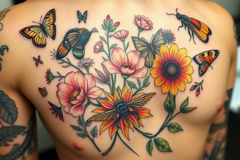 Botanical tattoo named "Wild Garden Symphony" featuring a variety of realistic flowers, leaves, and insects arranged in a harmonious composition, showcasing meticulous attention to natural details