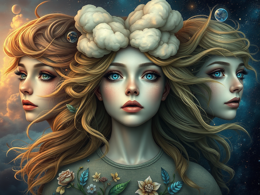 Create a series of imaginative portraits where each subject is infused with elements of fantasy and nature. The hair of the individuals should flow like clouds, varying from soft, fluffy cumulus to wispy cirrus strands, with hints of color reflecting a sunset or a clear blue sky. The eyes should be windows to entire galaxies, with stars, nebulae, and distant planets visible within them. Clothing should be adorned with nature motifs, such as floral patterns that bloom and change, vines that seem to grow and wrap around, or feathers that shimmer with iridescence. Each portrait should capture a unique personality, blending human features with the ethereal beauty of the natural and cosmic world. The backgrounds can vary, from starry night skies to enchanted forests, adding depth and context to the magical realism of the portraits