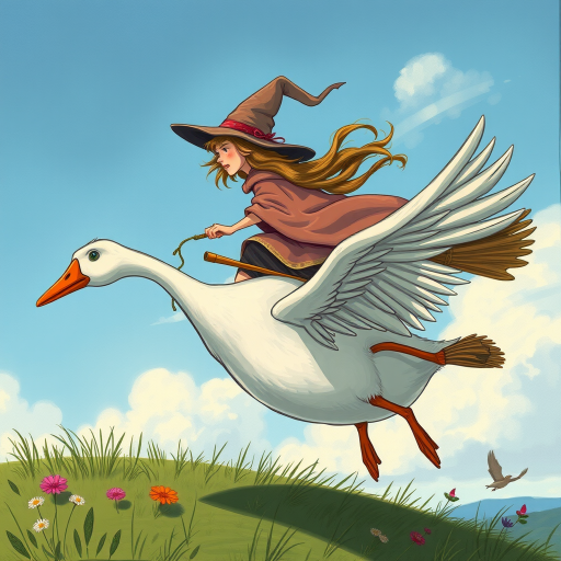 Create a detailed illustration of a whimsical witch flying on a large goose, with dynamic movement in the witch's cloak and broomstick, use a DSLR camera with a 50mm lens, aperture f/2.8, shutter speed 1/250s, ISO 100, natural lighting for a vibrant effect, and a wide-angle view to capture the scene in a fantastical landscape.