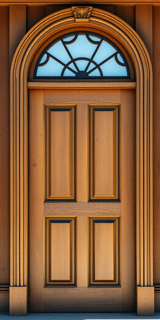 Create a detailed rendering of a wooden door with a half-circle window at the top, featuring intricate paneling, in bright daylight, using a DSLR camera with a 50mm lens, f/8 aperture, ISO 100, and a slight tilt-shift effect for depth.