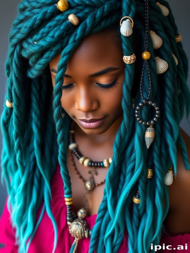 Mystical deep teal dreadlocks titled "Oceanic Tendrils" adorned with sea-inspired beads and shells, featuring an ombré effect fading into aquamarine tips
