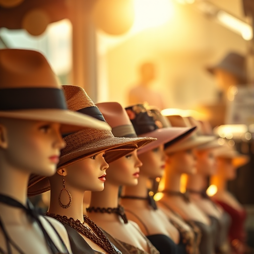 Display of vintage hats on mannequins under sunlight, shallow depth of field, f/2.8 aperture, 50mm lens, DSLR camera, natural lighting, warm color balance, high dynamic range for enhanced detail.