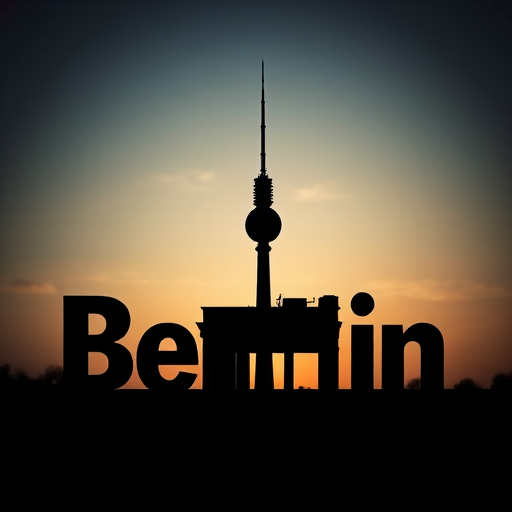 Create an artistic representation of the word "Berlin" with a silhouette of the Berlin TV Tower, using a soft focus lens, f/2.8 aperture, 50mm focal length, ISO 100, and a slight vignette effect for a warm vintage feel.