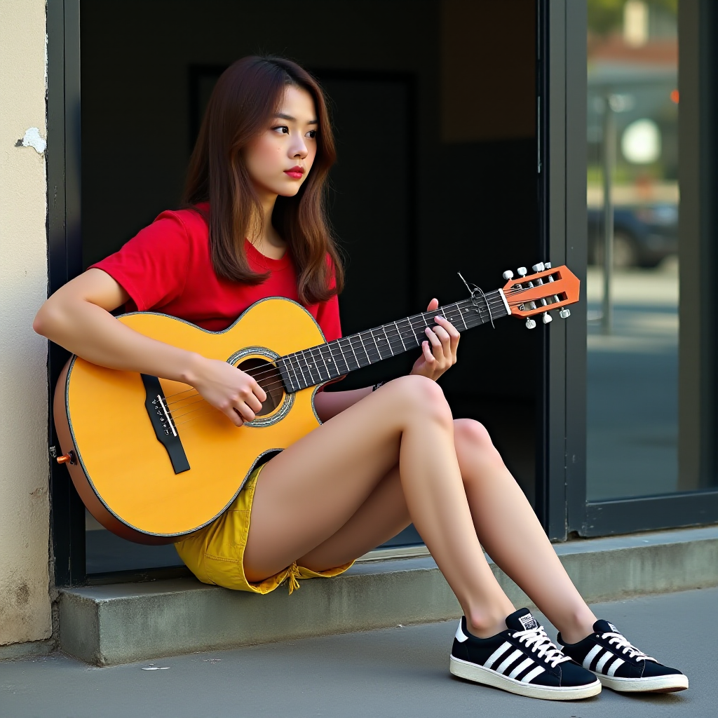 Ultra-realistic and very detailed image, high resolution and definition of a young woman, a rocker. She's sitting on the step of a doorway, with one leg stretched out, playing an acoustic guitar. The young woman is wearing a red T-shirt and yellow shorts. Adidas trainers. The door is glazed and mirrors the street.