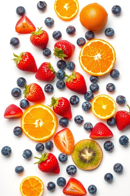 Create a vibrant, stylized image of assorted fruits including strawberries, oranges, kiwis, and blueberries scattered on a white background with a slight shimmer effect; use a Canon EOS R5, f/2.8 aperture, 35mm lens, at ISO 100 for crisp detail and bright colors, top-down view for an overhead layout and high saturation for enhanced visual appeal.