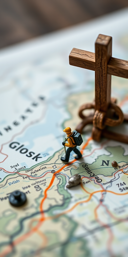 create an artistic shot of miniature hikers on a detailed map, with a wooden cross in the background, using a DSLR camera with a 50mm lens, aperture set to f/2.8 for a shallow depth of field, ISO 100 for clarity, and a 1/60 shutter speed to capture fine details, with a macro perspective to enhance the texture of the map and the figures.