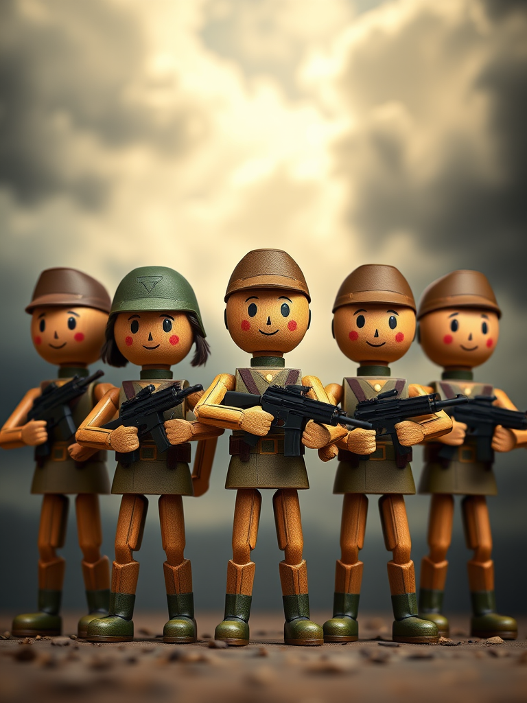 Create an image of five cartoonish wooden soldier dolls in military uniforms, each with unique expressions and hairstyles, standing confidently with rifles, set against a dramatic, cloudy backdrop in the style of a high-resolution digital painting, using a DSLR camera with a 50mm lens, aperture set at f/1.8, ISO 200, and a shallow depth of field to enhance detail and focus on the characters.