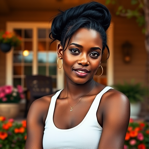 A photo of Lupita Nyong'o with a background of a cozy porch. She has dark hair pulled back in an updo, with tendrils framing her face. She wears a white tank top and sits on the porch. The porch is part of a well-lit home with a warm, earthy tone and colorful flowers and foliage. The overall scene has a warm, welcoming, and comfortable ambiance.