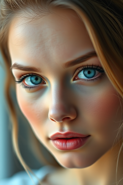 Generate a hyper-realistic portrait of a young woman with flawless skin and striking blue eyes, captured using a Canon EOS R5 with a 85mm f/1.2 lens, aperture at f/1.2, ISO 100, natural lighting, shallow depth of field, and a soft focus background for enhanced image quality.