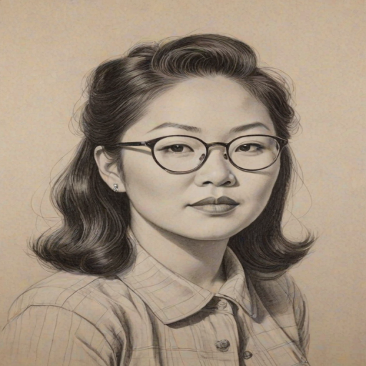 Charming Margaret Cho, pencil sketch, portrait of Pleasing woman 1943s in glasses, hair style beatnik, outline, clear lines, fine lines, 8k