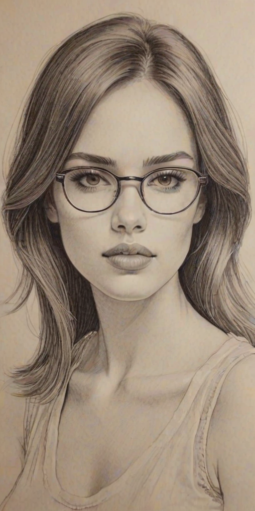 Superb Eiza Gonz'lez, pencil sketch, portrait of Lovely woman 1968s in glasses, hair style beatnik, outline, clear lines, fine lines, 8k