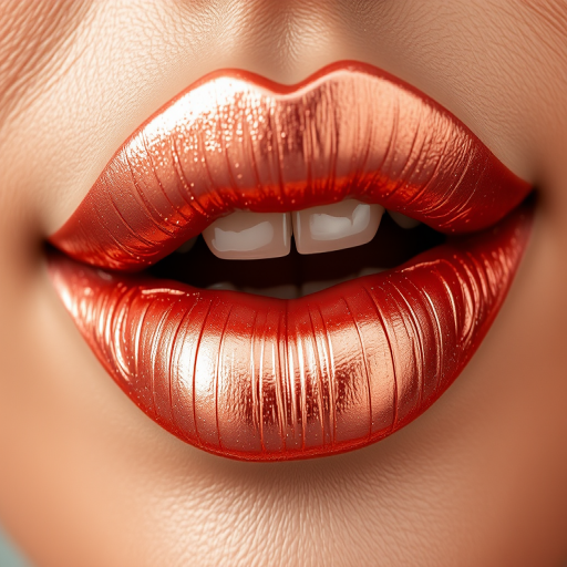 Shimmering rose gold lips with a metallic sheen, catching the light beautifully, accentuating the natural contours and creating an alluring three-dimensional effect