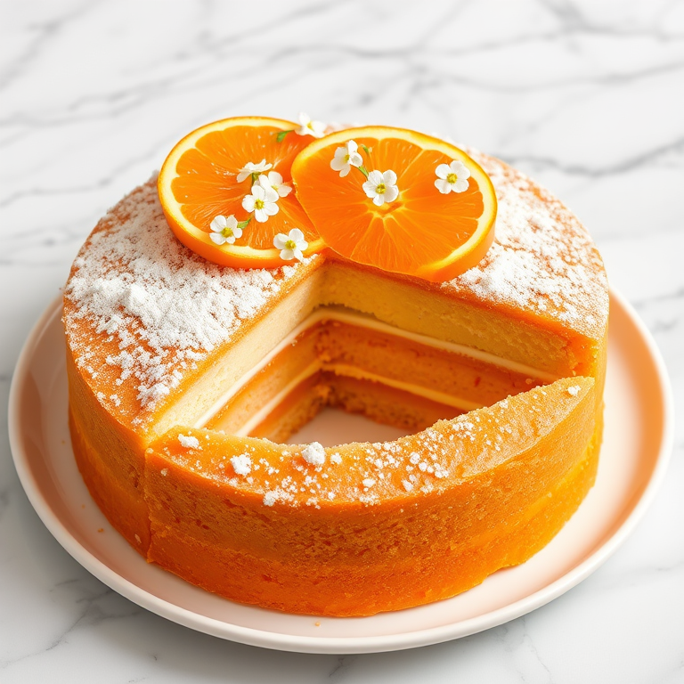 A beautifully decorated orange cake with layers visible inside the cake, topped with fresh orange slices and small white flowers, on a white plate with a marble background.