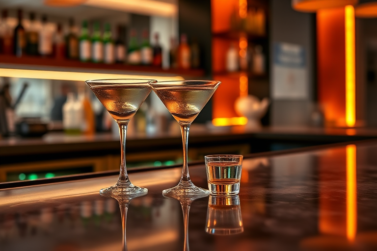 Create a high-resolution image of a modern bar countertop with two martini glasses and one shot glass on top, shot with a Canon EOS R5 at f/4, ISO 100, 1/60 sec, using a wide-angle lens from a frontal view to enhance depth and detail.