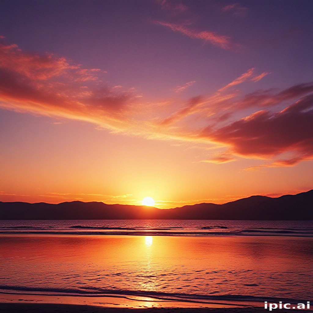 Serene Sunset Over Tranquil Beach with Vibrant Colors Reflecting on Water