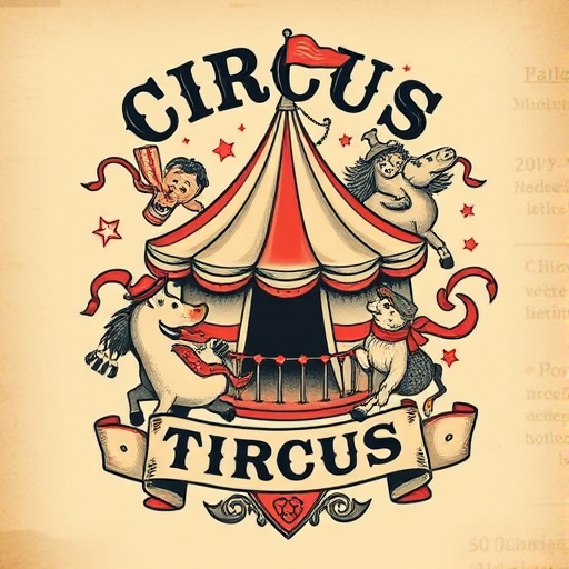 Vintage circus-themed tattoo featuring whimsical characters, bold typography, and nostalgic imagery, rendered in a sepia-toned color palette for an authentic old-world charm