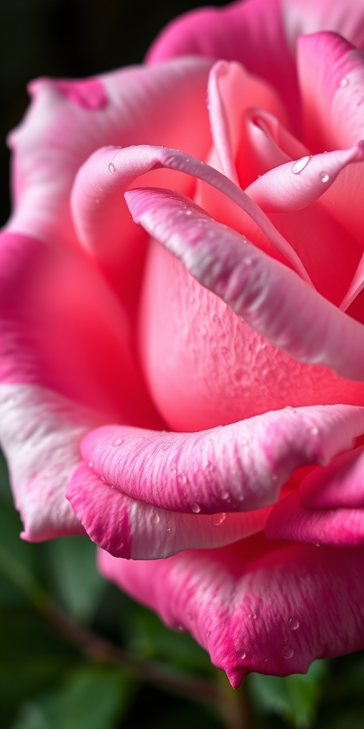 A close-up of a vibrant pink and white rose with dew drops on the petals and leaves, shot with a Nikon D850 at f/2.8, ISO 100, 1/250 sec, macro lens, soft natural lighting, on a blurred black background to enhance foreground focus.
