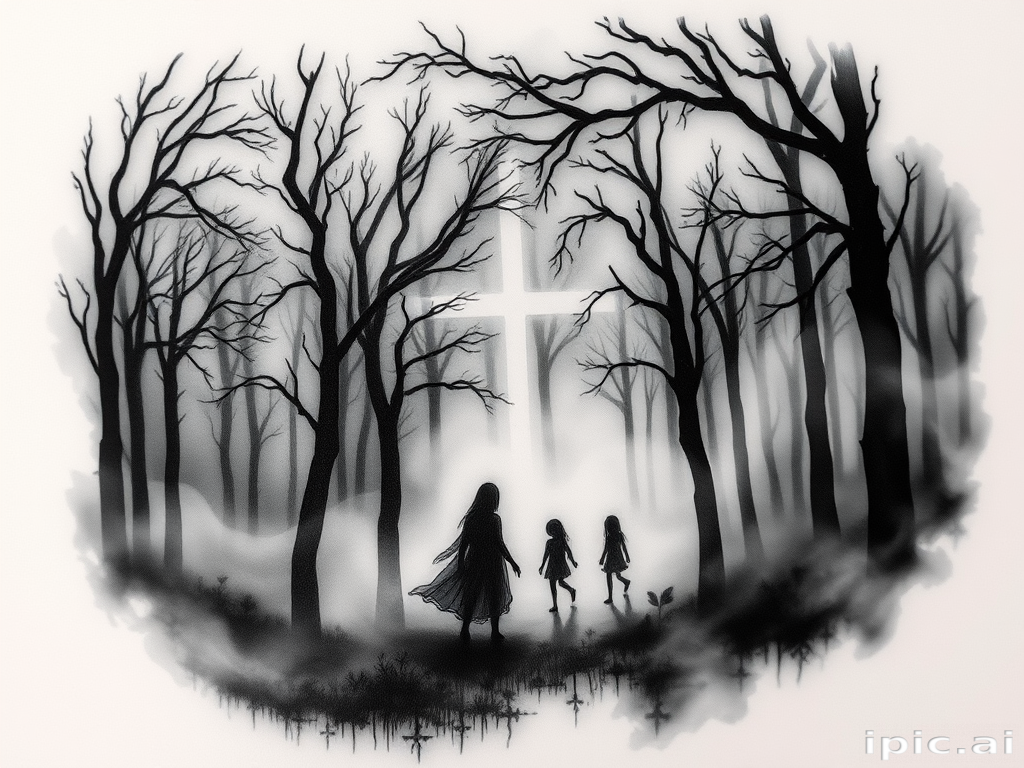 Atmospheric black and gray tattoo called "Misty Reverie" depicting a ethereal forest scene with ghostly figures and swirling mist, utilizing soft gradients and negative space for a haunting effect