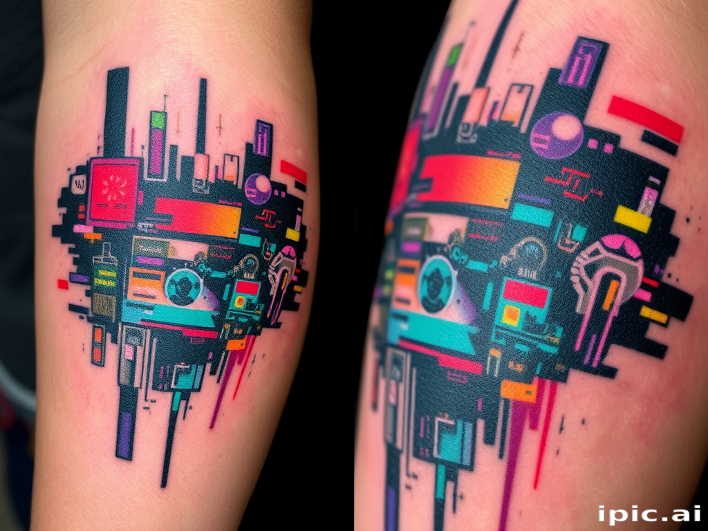 Glitch art tattoo named "Digital Dissonance" incorporating pixelated elements and distorted imagery to create the illusion of a digital malfunction on the skin, using bold colors and sharp contrasts