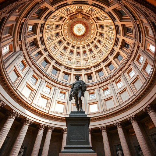 High-resolution image of a grand historical statue in a spacious dome chamber with ornate ceilings, captured with a DSLR camera at f/8 aperture, ISO 100, 24mm focal length, natural light, wide-angle view, emphasizing detail and depth in the architecture.